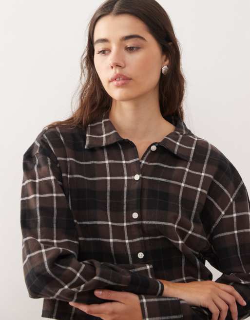 Monki mix and match flannel pyjama shirt top in brown check, 4 of 4