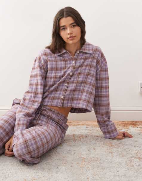 Monki mix and match flannel pyjama shirt top in lilac check - view 1