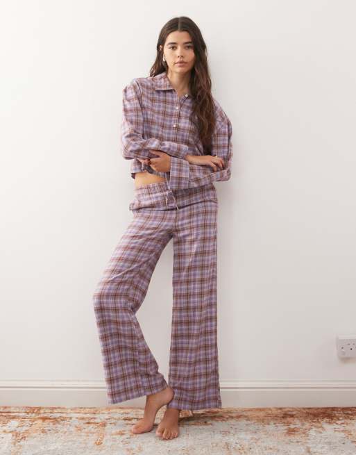 Monki mix and match flannel pyjamas in lilac check