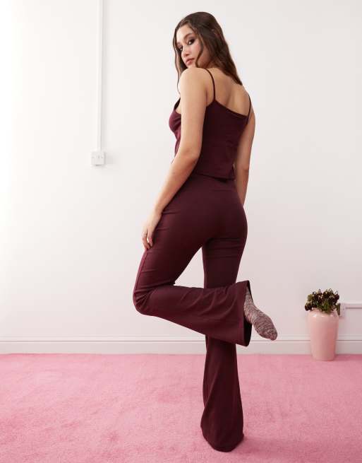 Monki mix and match flare jersey pyjama yoga trousers in burgundy, 4 of 4