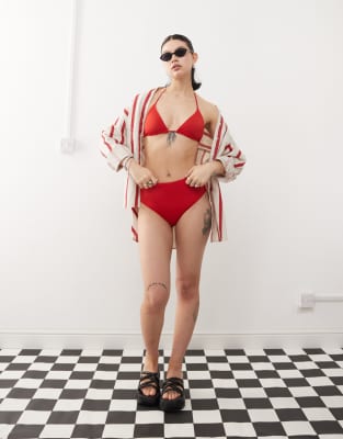 Monki Mix And Match High Waist Bikini Bottom In Red