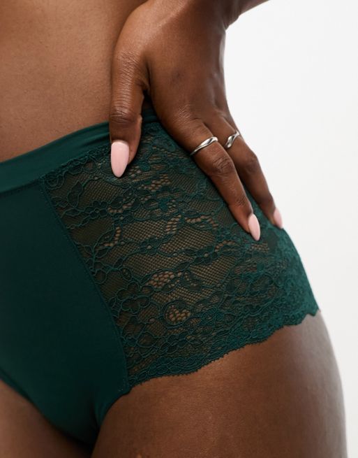 Monki mix and match high waist lace full brief in dark green