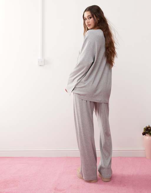 Monki – Mix and Match – Langärmliges, weiches Pyjama-Oberteil in meliertem Grau mit Oversize-Schnitt, 4 von 4