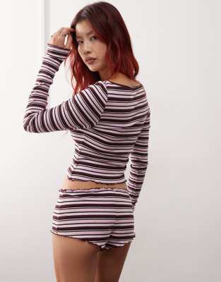 Monki Mix And Match Long Sleeve Ribbed Mini Pajama Top In Pink