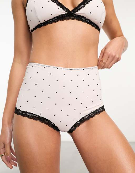 Monki - Mix and match - Lyserøde briefs med høj talje og blonder i sorte polkaprikker