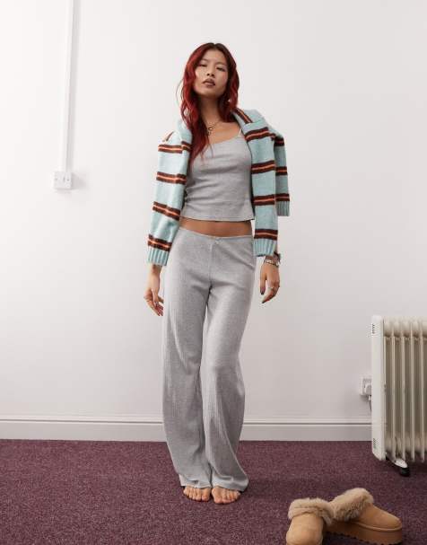 Monki – Mix and Match – Mini-Pyjama aus Pointelle-Spitze in meliertem Grau mit kleinen Schleifen - view 1