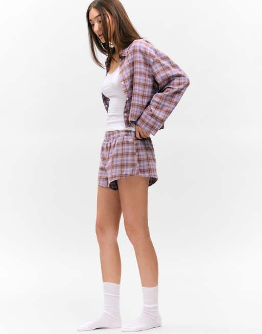 Monki - Mix and Match - Pantaloncini boxer del pigiama in flanella lilla a quadri, 2 di 3