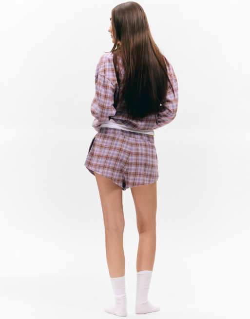 Monki - Mix and Match - Pantaloncini boxer del pigiama in flanella lilla a quadri, 3 di 3