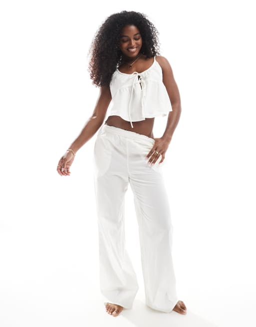 Monki - Mix and Match - Pantaloni del pigiama a fondo ampio in popeline bianco