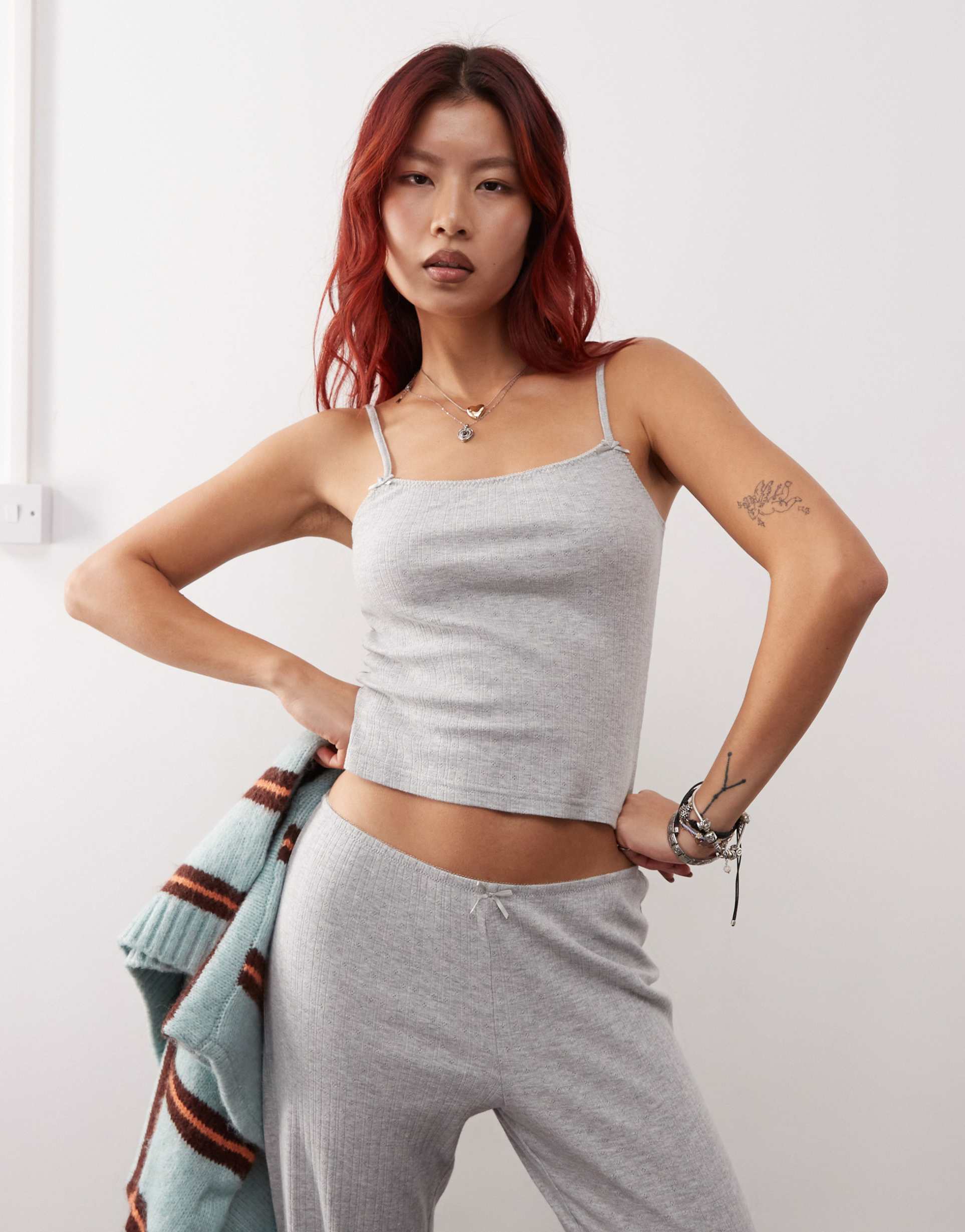 monki mix and match pointelle lace mini pajama top with small bows in gray melange