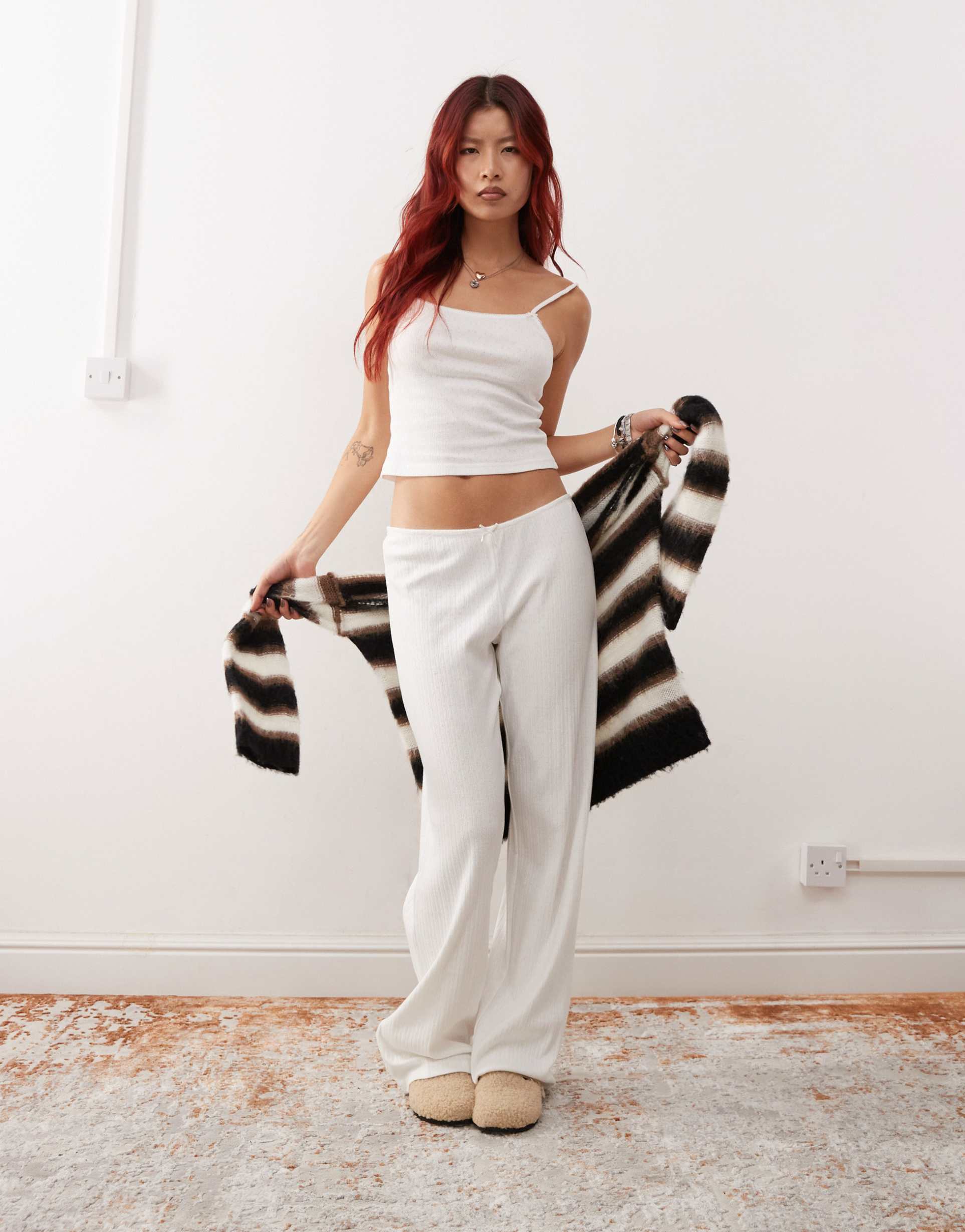 monki mix and match pointelle lace mini pajama top with small bows in off white