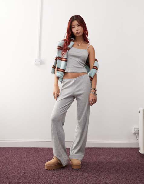 Monki mix and match pointelle lace pajama bottoms with small bows in gray melange - view 1