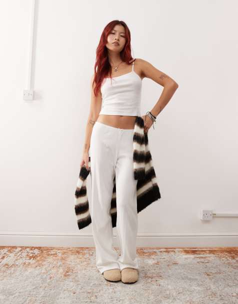 Monki mix and match pointelle lace pajama bottoms with small bows in off white - view 1
