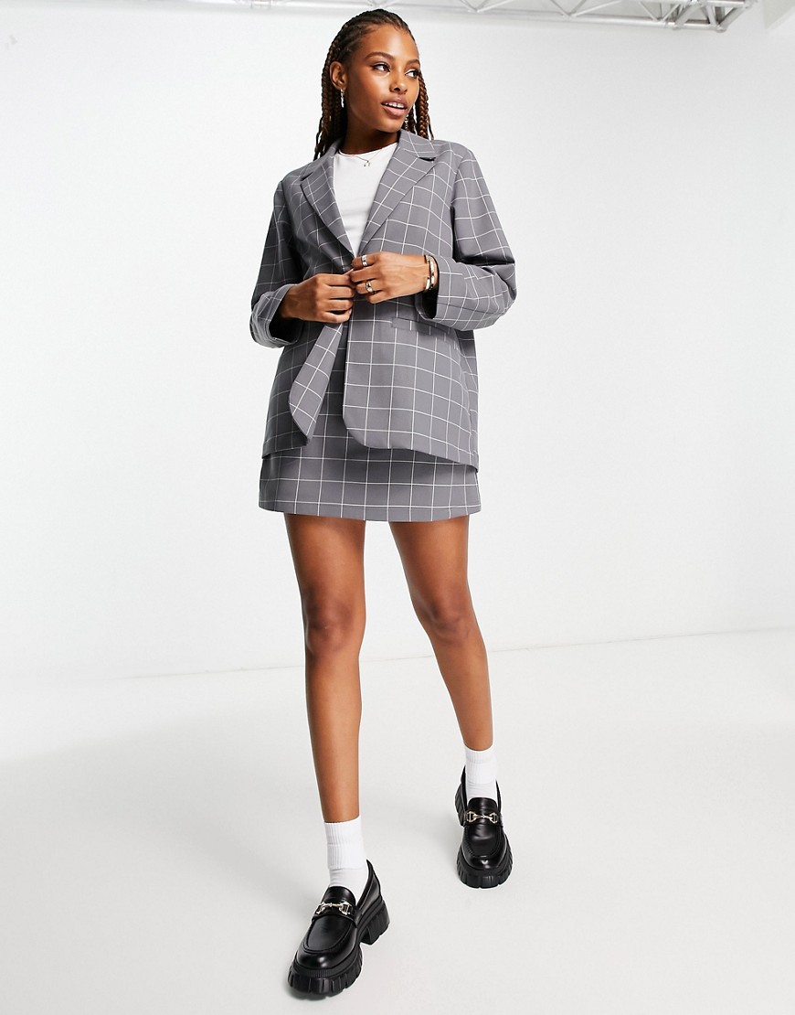 Monki mix and match polyester blazer in gray grid check