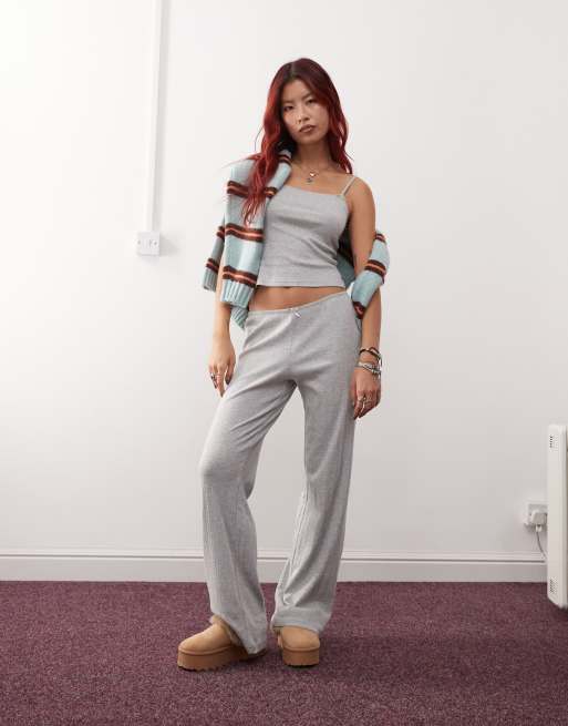 Monki – Mix and Match – Pyjamahose aus Pointelle-Spitze in Grau meliert mit kleinen Schleifen