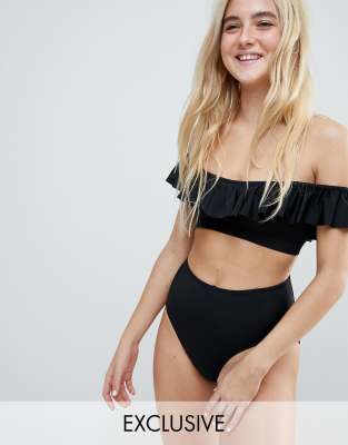 black ruffle off the shoulder bikini top