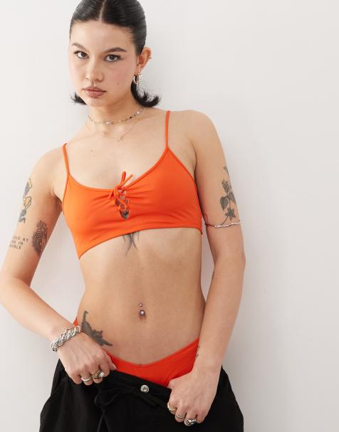 Monki mix and match scoop neck bikini top with tie front detail in peach - view 1