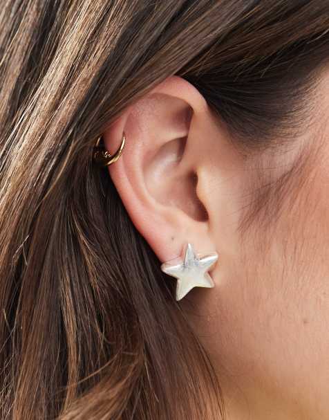 Monki mix and match stud star earrings in silver - view 1