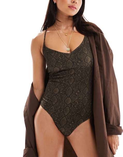 Monki mix and match tie back swimsuit in brown snake print - view 1
