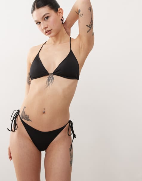 Monki mix and match tie side bikini bottom in black - view 1