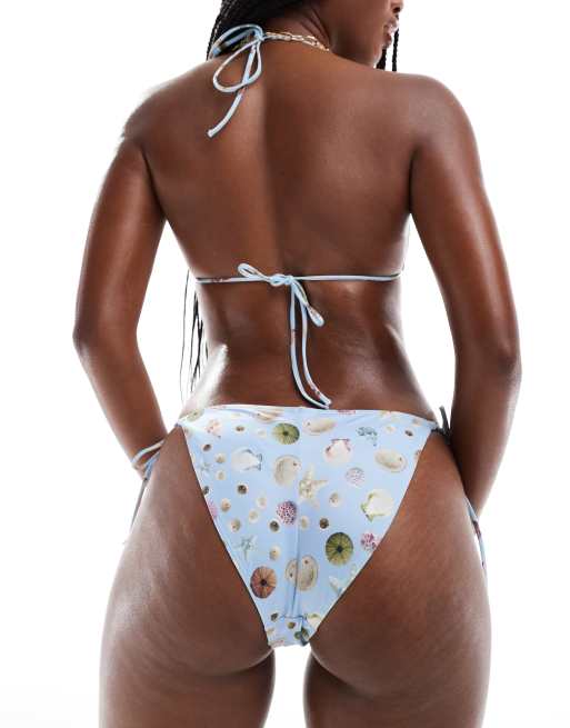 Monki mix and match tie side bikini bottom in blue seashell, 3 of 4