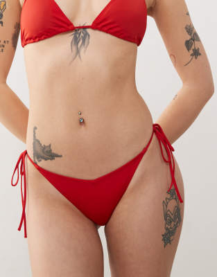 Monki Mix And Match Tie Side Bikini Bottom In Red
