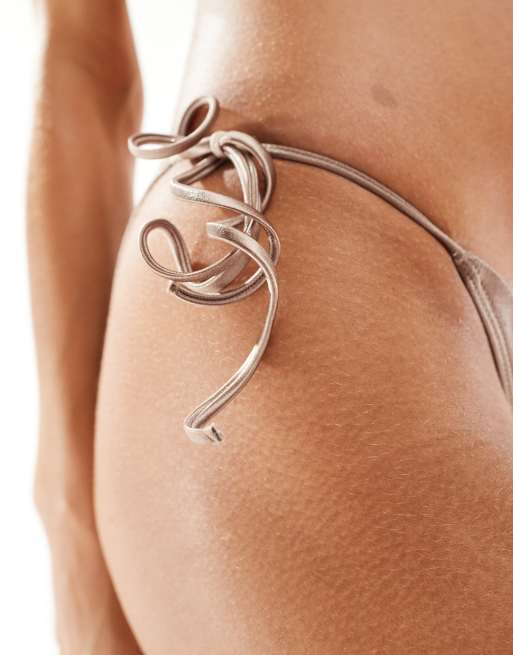 Monki mix and match tie side bikini bottom in metallic gold, 2 of 4