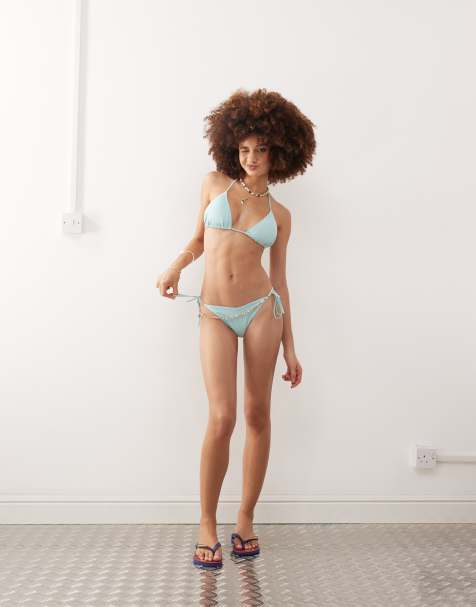 Monki mix and match tie side bikini in turquoise blue - LBLUE - view 1