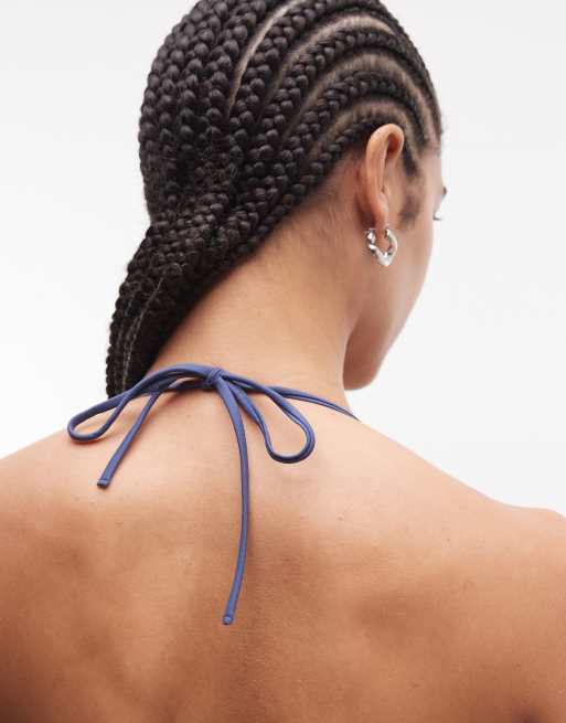 Monki mix and match tie up triangle bikini top in navy, 3 of 4