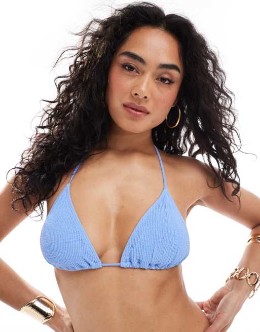 Monki - Mix and Match - Top bikini a triangolo con laccetti blu stropicciato - In esclusiva per ASOS