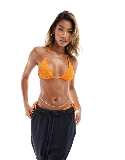 Monki - Mix and Match - Top bikini a triangolo in tessuto stropicciato arancione con allacciatura, 4 di 4