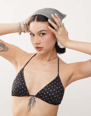 mix and match triangle tie up bikini top in black and white polka dot