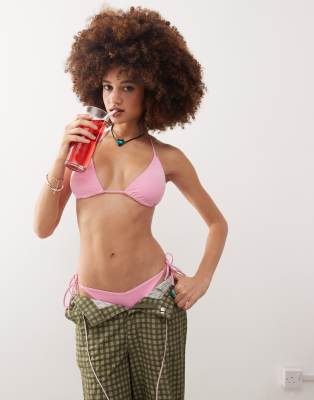 Monki Mix And Match Triangle Tie Up Bikini Top In Pink