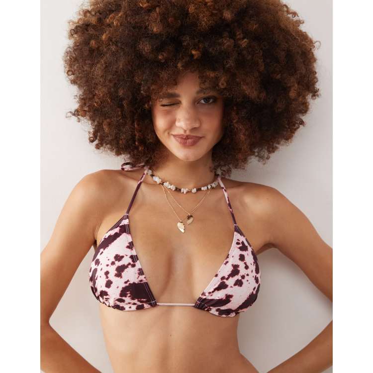 Monki リブビキニ Monki mix and match triangle tie up bikini top in pink cow