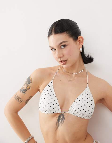 Monki mix and match triangle tie up bikini top in white and black polka dot - view 1