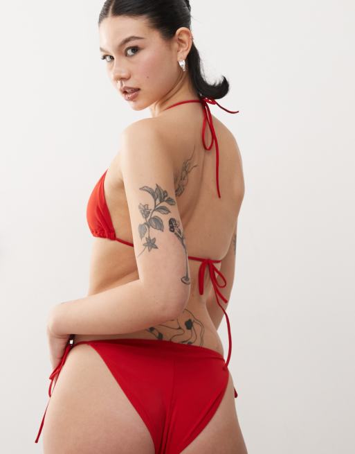 Monki - Mix en match - Bikinibroekje met gestrikte zijkanten in donkerrood, 3 van 4