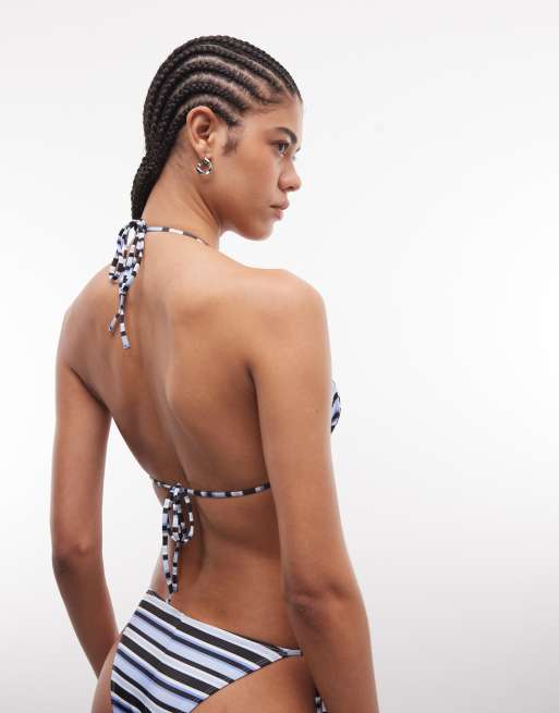 Monki - Mix en match - Gestreept triangel bikinitopje met strikbandjes in blauw, 4 van 4
