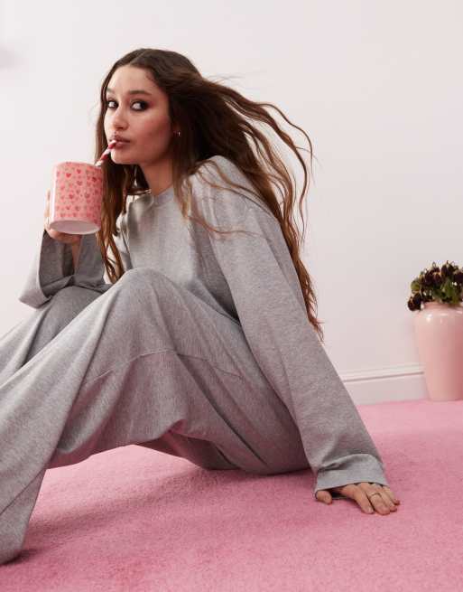 Monki - Mix en match - Oversized pyjamatop met lange mouwen en zachte broek top in gemêleerd grijs, 3 van 4