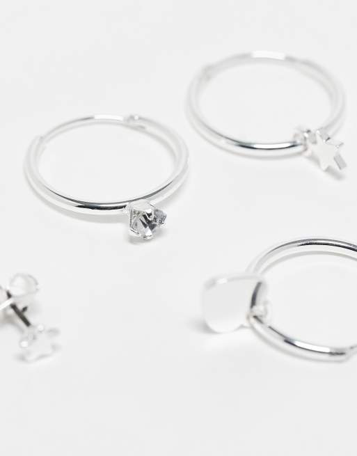 Monki - Mix en match - Set van 4 ster- en hartvormige oorknopjes in zilver, 2 van 3