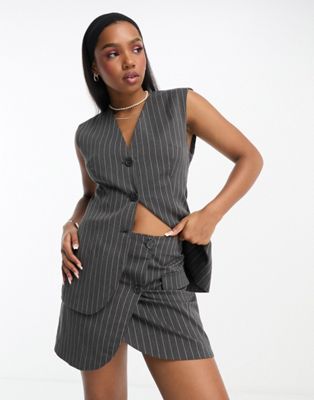 Monki mix & match asymmetric wrap mini skirt in grey pinstripe