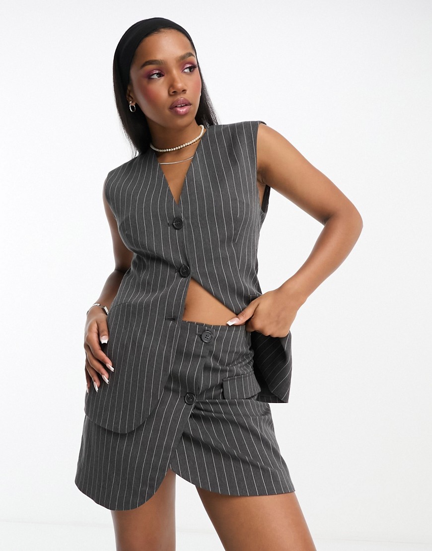 Monki mix & match asymmetric wrap mini skirt in grey pinstripe
