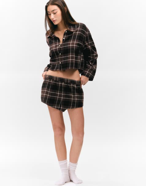 Monki mix & match flannel pyjama boxer shorts in brown check - view 1