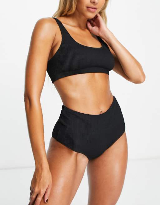 Monki mix & match ribbed scoop neck bikini top in black