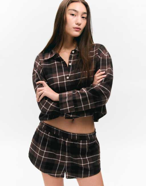 Monki - Mix og match - Brune pyjamasboksershorts med tern i flonel, 2 af 3
