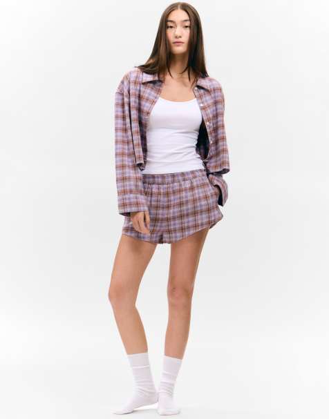 Monki – Mixa och matcha – Lilarutiga pyjamasshorts i flanell och boxerstil - view 1