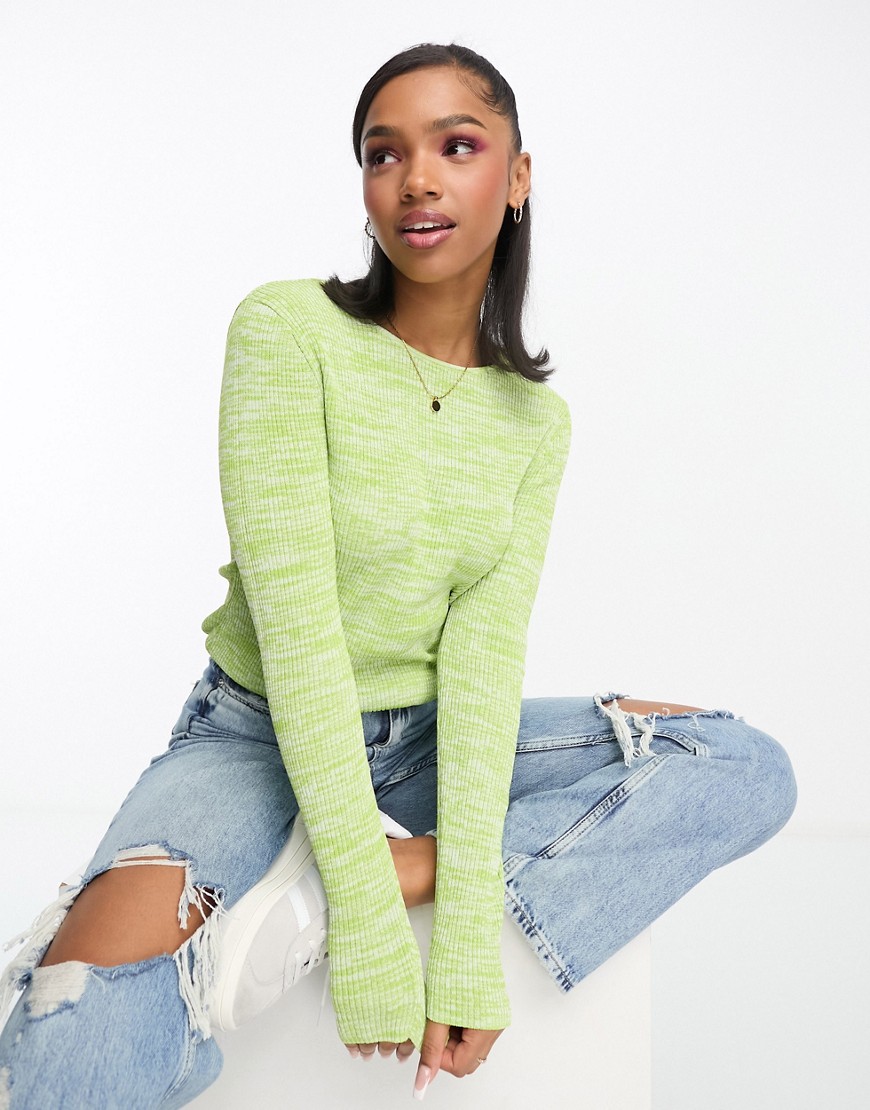 Monki mixed rib knitted long sleeve top in green