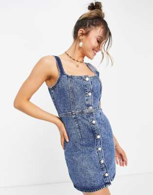 Monki Moa Cotton Button Up Denim Mini Dress In Blues