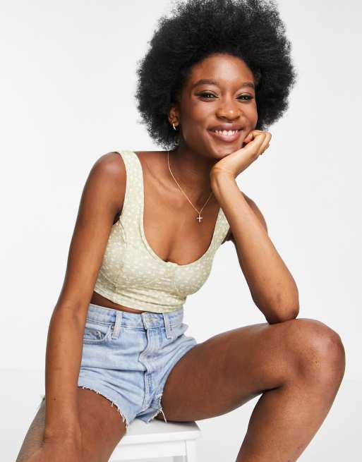 Monki - Moa - Débardeur en coton à imprimé floral et surpiqûres - Vert pâle - MGREEN