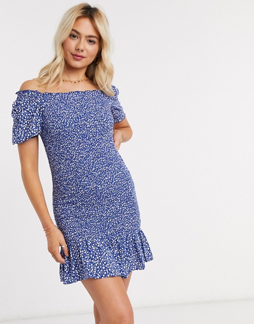 Monki Moa ditsy floral shirred mini dress in blue