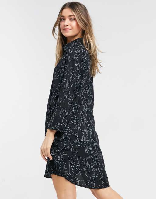 monki moa shirt dress Monki Moa abstract print mini shirt dress in black - BLACK
